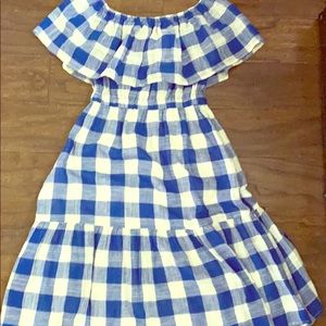 Blue and white plaid off shoulder dress NWT SMALL